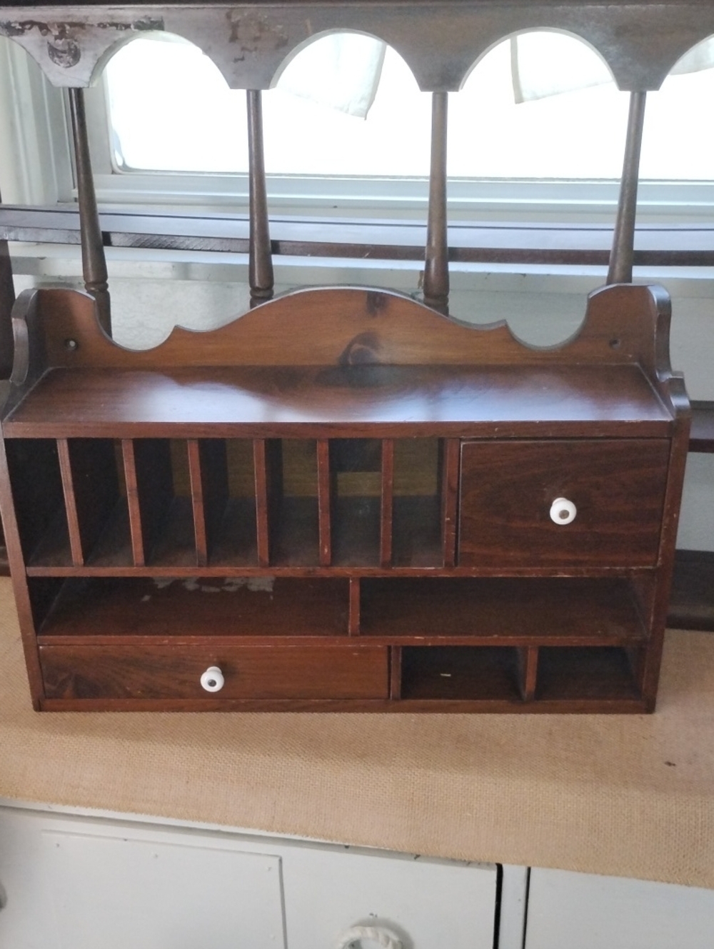 Vintage MCM Wooden Wall Mail CABINET with Drawers - RICH BROWN WOOD 19.5 X 12
